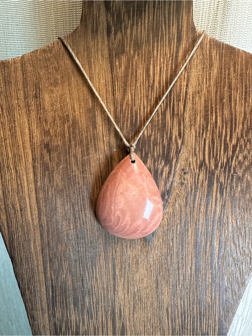 Minimalist Polychrome Jasper Teardrop Pendant Necklace on Thin Brown Rope - Picture 3 of 16